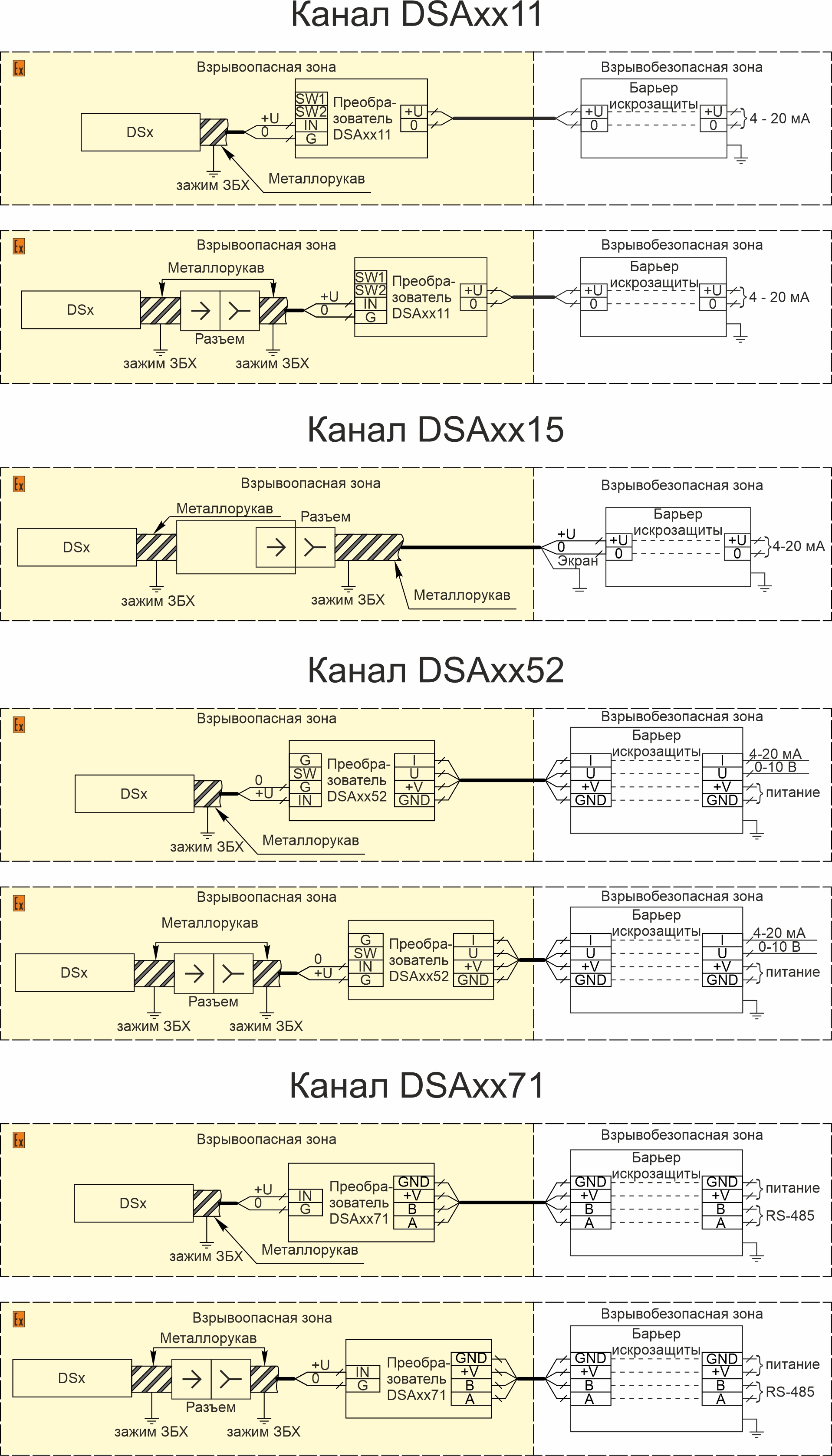 Схемы подключения преобразователей TIK-DSAX4XX