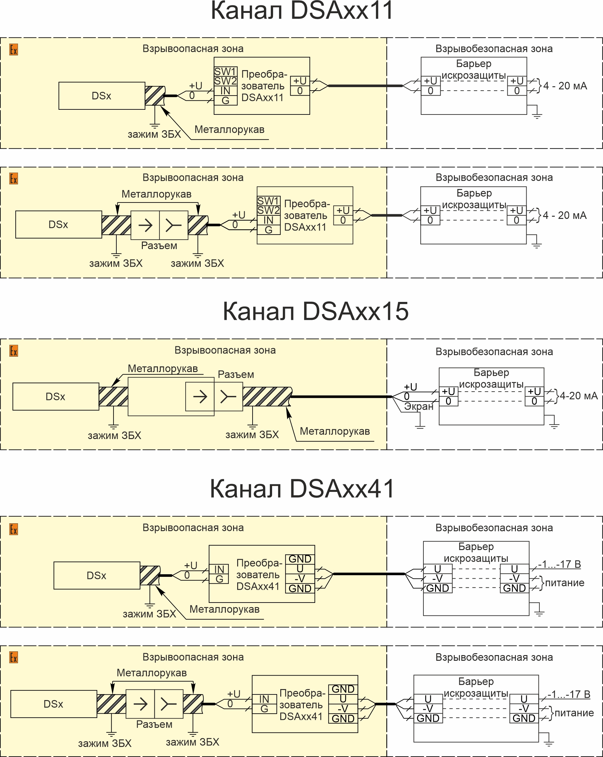 Схемы подключения преобразователей TIK-DSAX7XX
